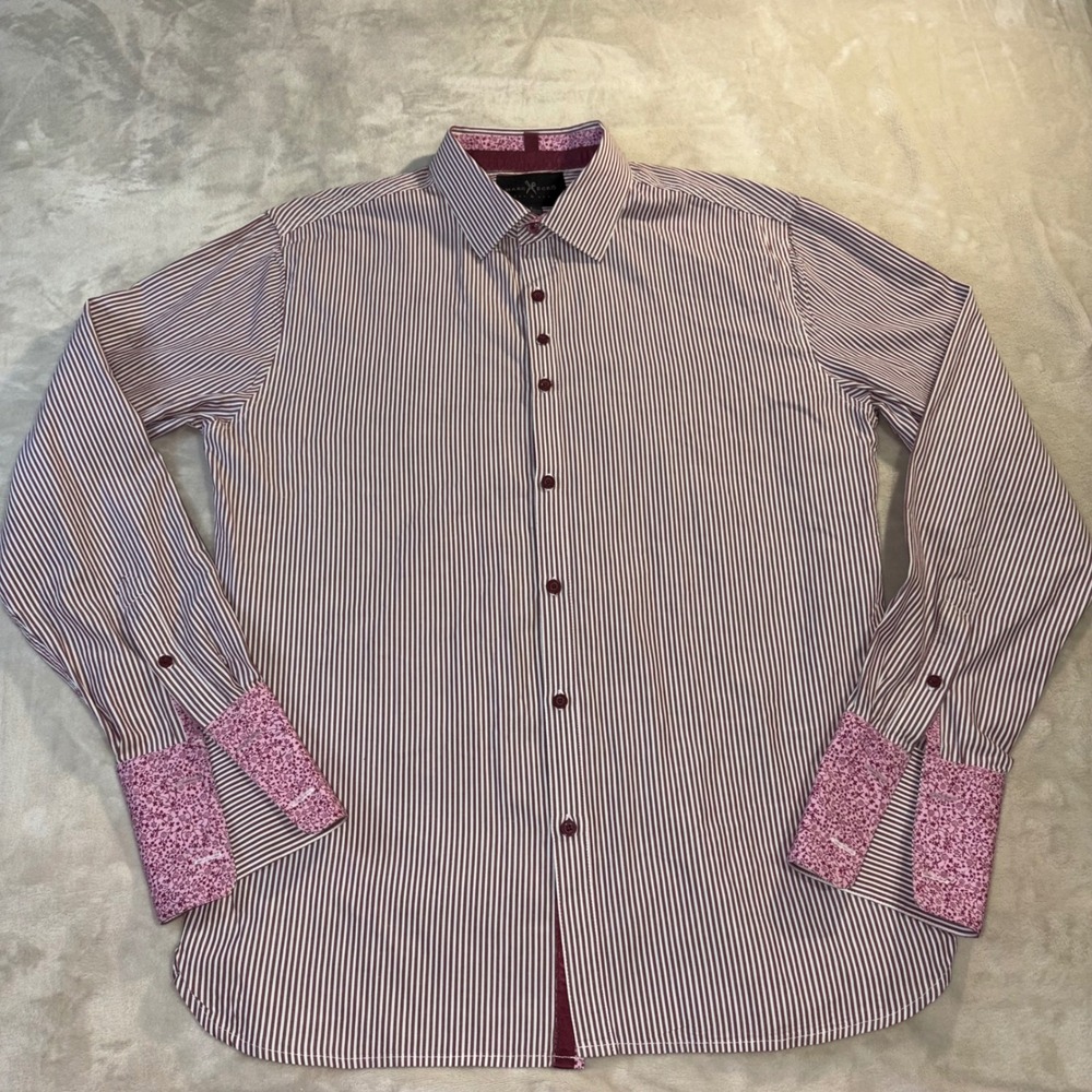 Marc Ecko Cut & Sew Mens Large Burgundy White Striped Button Down Floral Shirt